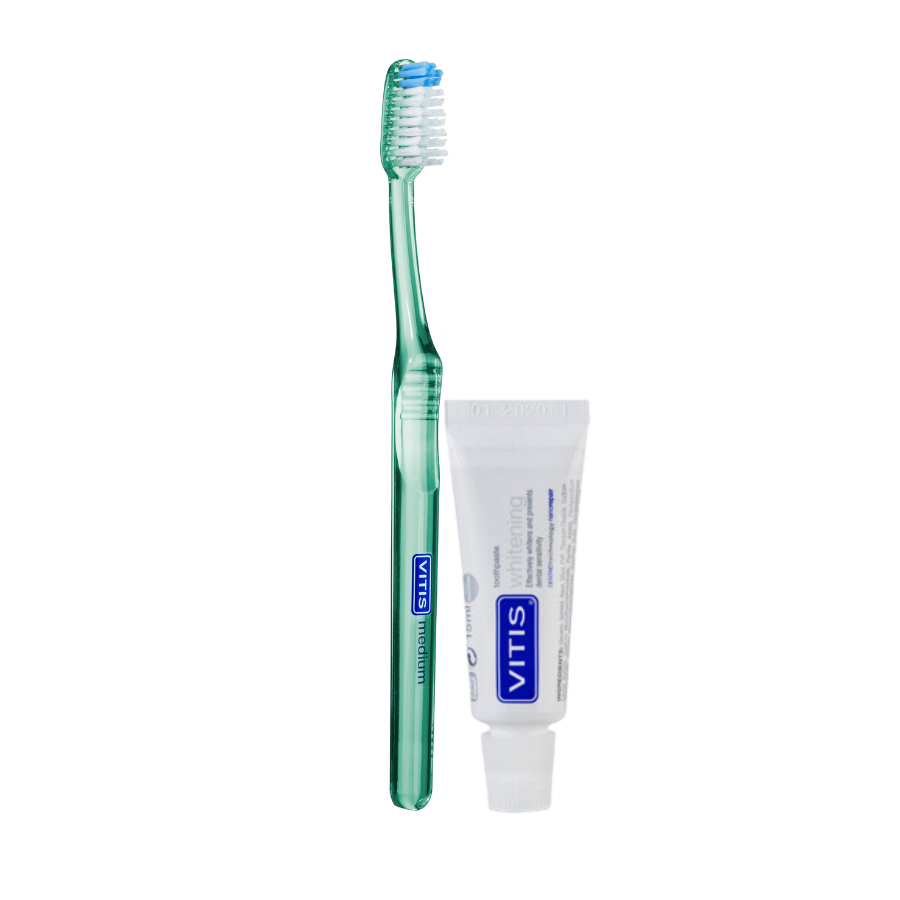Vitis® Tandenborstel Medium met Vitis® Whitening tandpaste 15 mL-Dentaid-Sordent